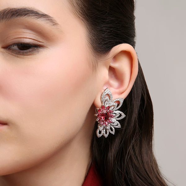 3D Floral Studs - Ruby Red