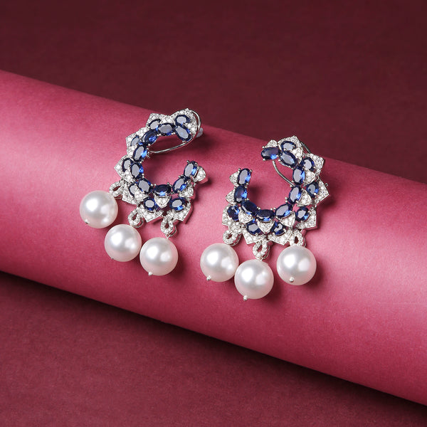 Three Pearled Danglers - Blue Sapphire