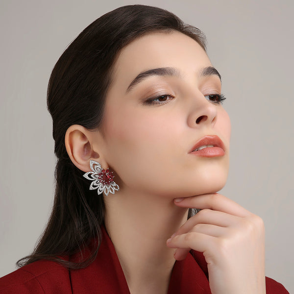 3D Floral Studs - Ruby Red