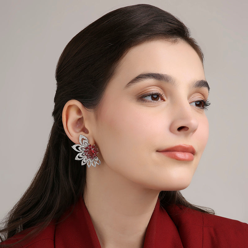 3D Floral Studs - Ruby Red