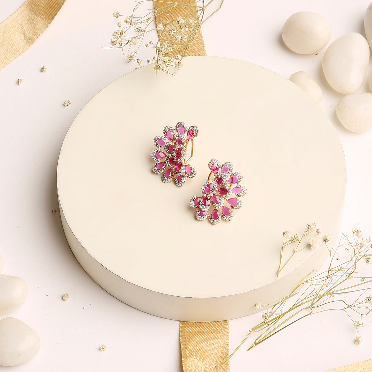 3D Petal Floral Studs - Rani Pink