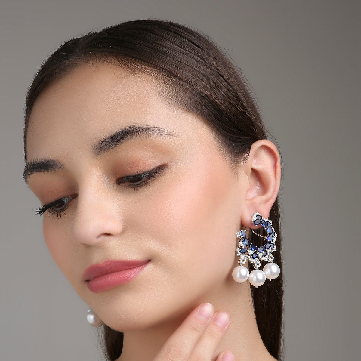 Three Pearled Danglers - Blue Sapphire