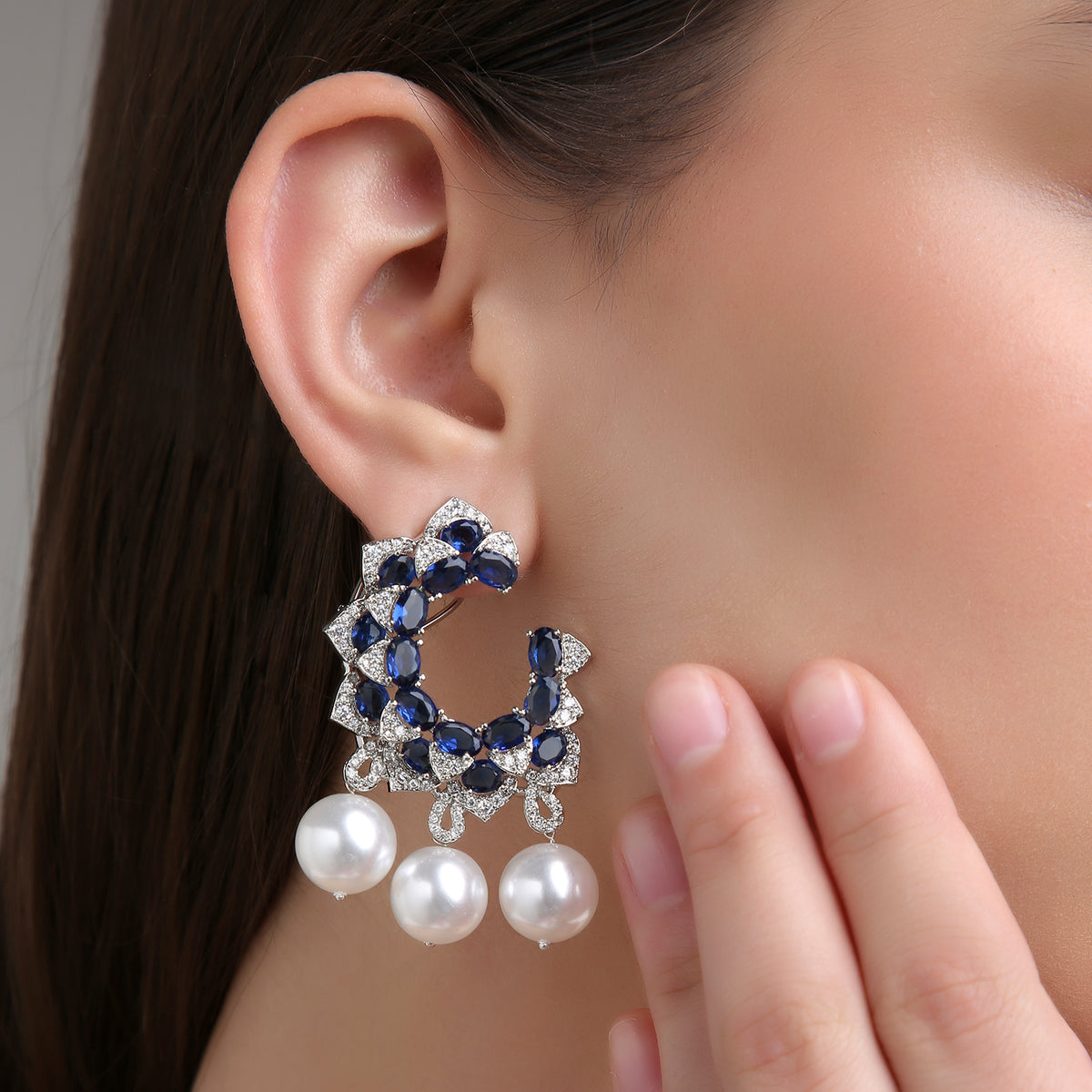 Three Pearled Danglers - Blue Sapphire