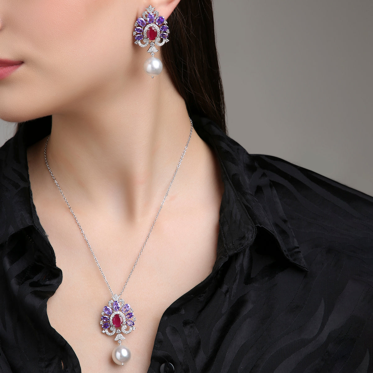 Victorian Drop Set - Lavender with Ruby Pink